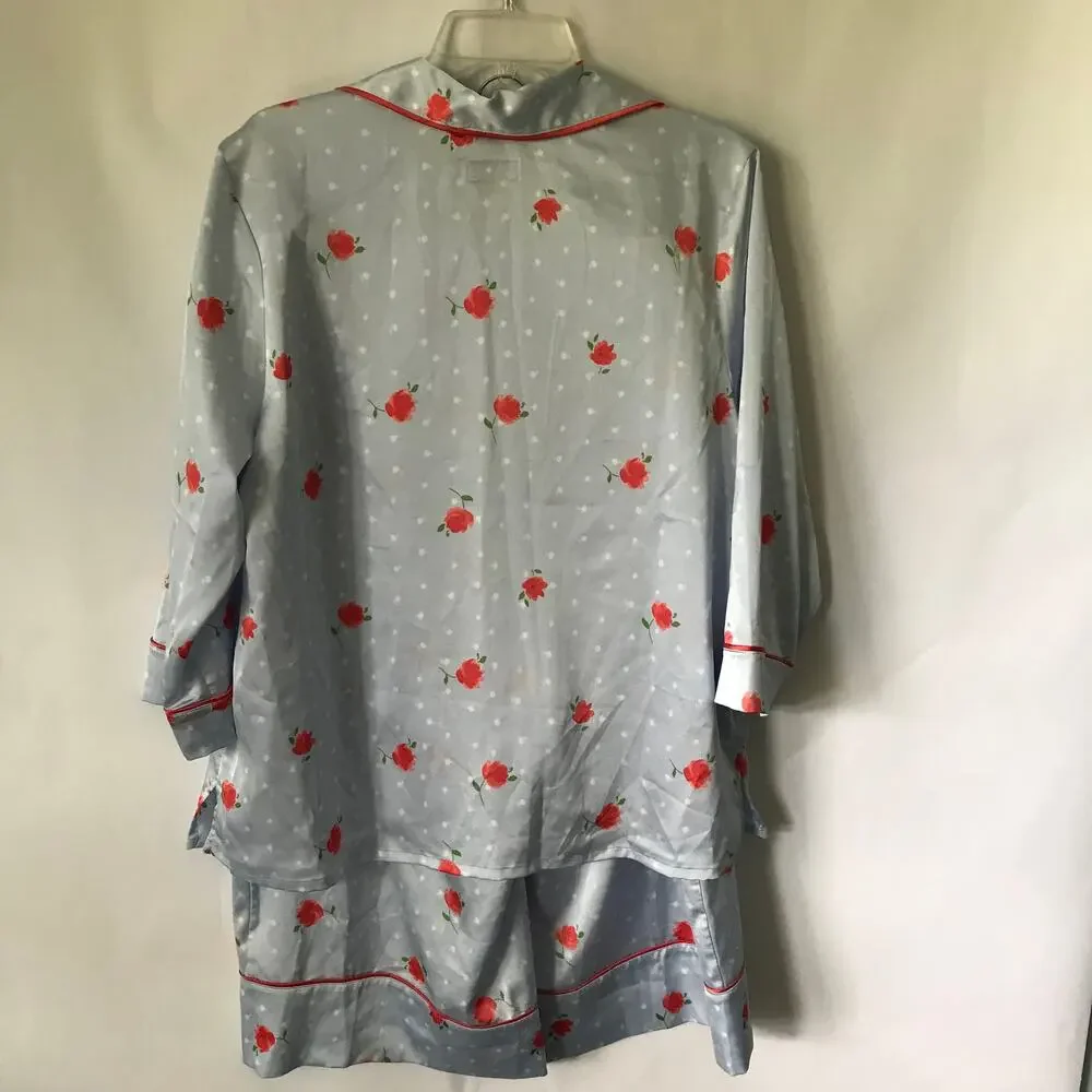 Kate Spade Pajama Set Extra Large Womens Floral Satin Long Sleeve Blue Coral XL